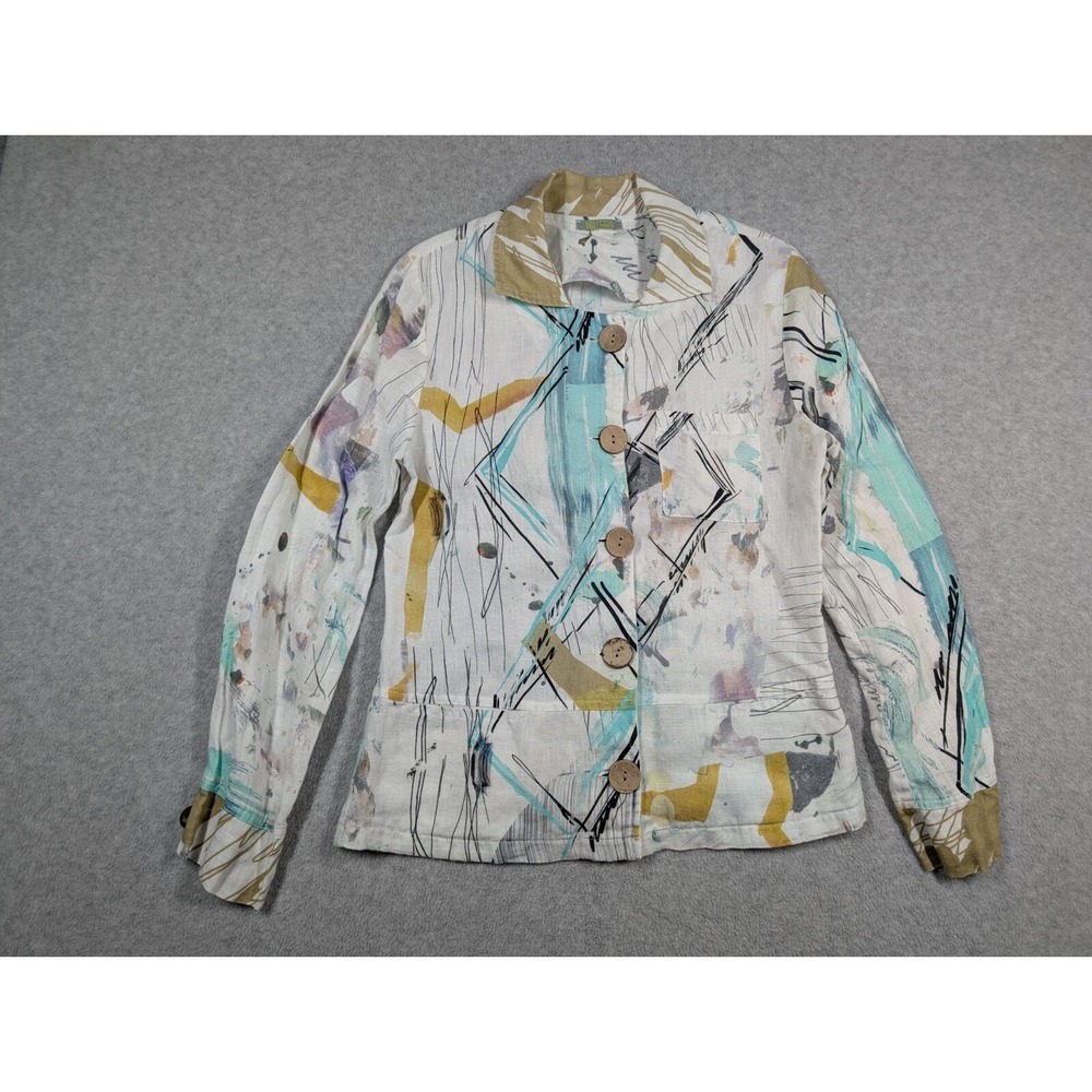 Dolcezza Women Top Small Wearable‎ Art Linen Button Front Long Sleeve